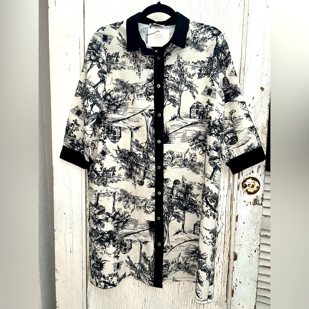 🖤SPIGHE DI LINO Italy Linen Blend Elbow Sleeve Toile
Print Mini Shirt Dress🖤 - Picture 5 of 9